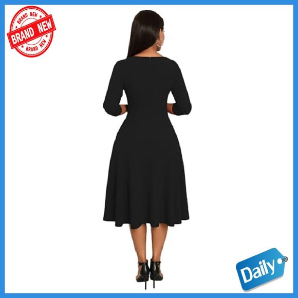 Midi A-Line Fit Flare Dress 3/4 Sleeve V-Neck with Pockets - Picture 5 of 8